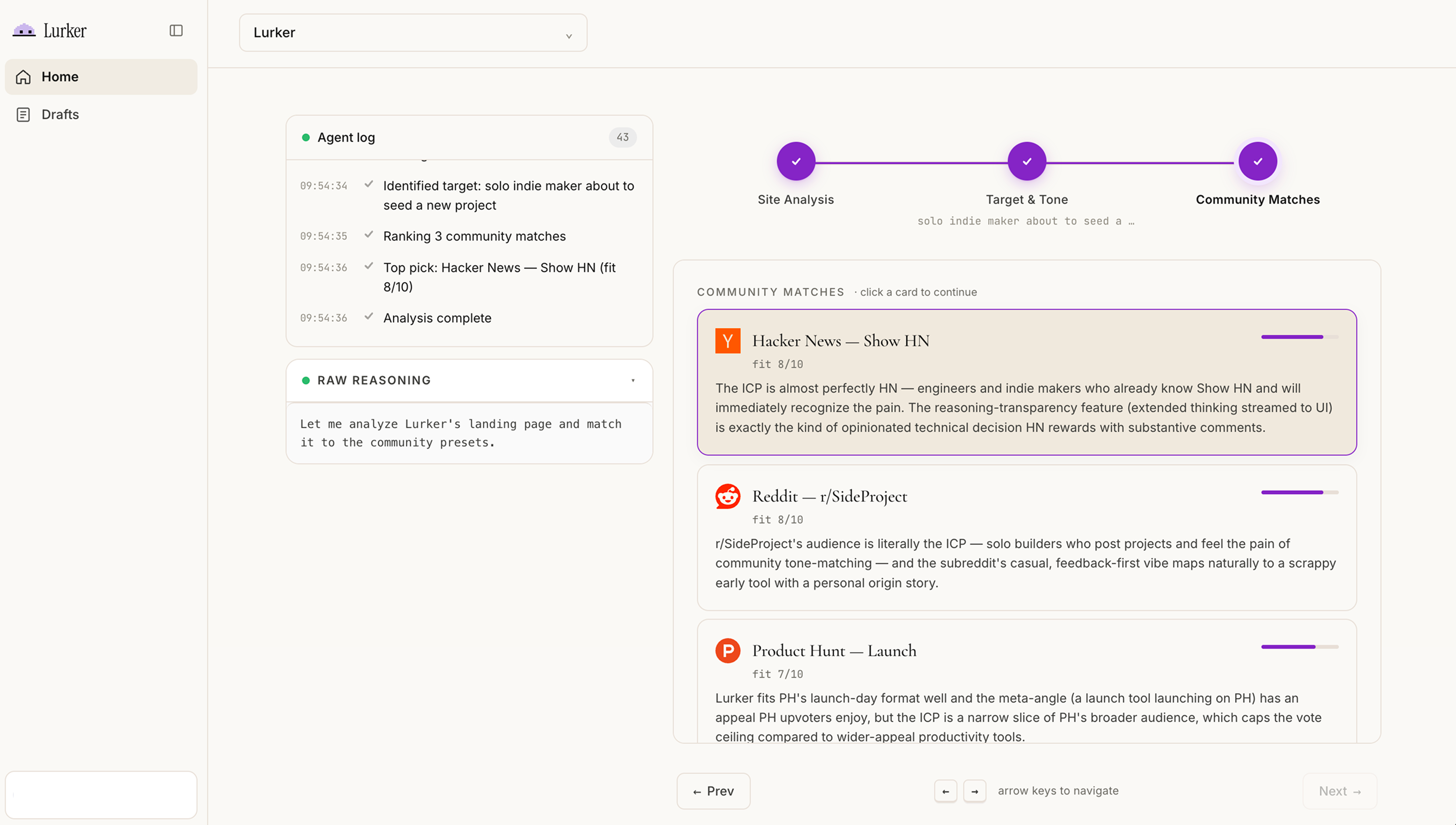 Lurker dashboard — agent log streams the live analysis on the left, the ranked community matches with fit reasoning on the right